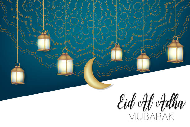 eid al adha mubarak banner. muslimischer opferfeiertag. islamische religiöse feier. arabisches designkonzept. goldene laternen und sterne, kalligraphie schriftzug auf blauem hintergrund mit ornament. vektor-illustration. - eid al fitr stock-grafiken, -clipart, -cartoons und -symbole