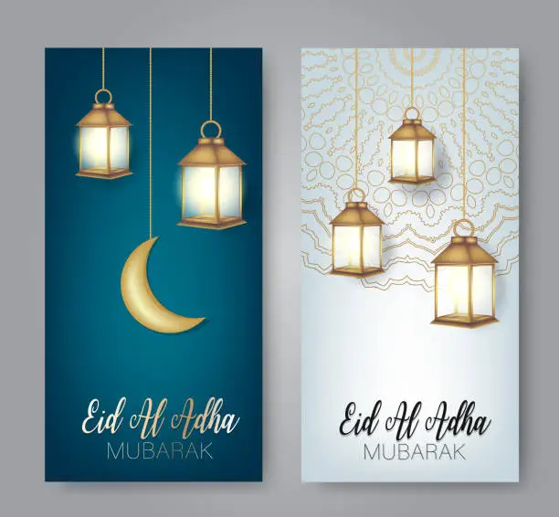 Vector illustration of Eid Al Adha Mubarak vectical banner set. Muslim holiday of sacrifice. Islam religious celebration. Arabic design concept. Golden moon and lantern, calligraphy lettering. Vector illustration.