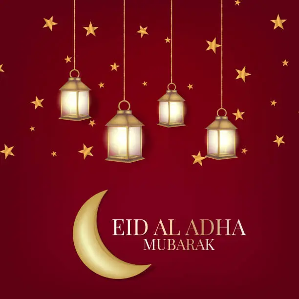 Vector illustration of Eid Al Adha Mubarak banner. Muslim holiday of sacrifice. Islam religious celebration. Arabic design concept. Golden lantern, moon and stars, calligraphy lettering on red background. Vector illustration.