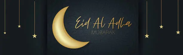 Vector illustration of Eid Al Adha Mubarak banner or header. Muslim holiday of sacrifice. Islam religious celebration. Arabic design concept. Golden moon and stars, calligraphy lettering on black background with ornament. Vector illustration.