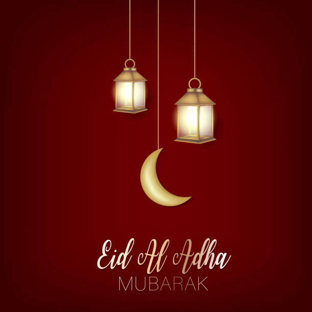 eid al adha mubarak banner. muslimischer opferfeiertag. islamische religiöse feier. arabisches designkonzept. goldene laterne und mond kalligraphie schriftzug auf rotem hintergrund. vektor-illustration. - eid al fitr stock-grafiken, -clipart, -cartoons und -symbole