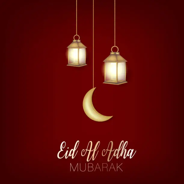 Vector illustration of Eid Al Adha Mubarak banner. Muslim holiday of sacrifice. Islam religious celebration. Arabic design concept. Golden lantern and moon calligraphy lettering on red background. Vector illustration.