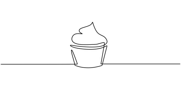 ilustrações, clipart, desenhos animados e ícones de uma única linha de desenho de bolo de muffin doce. delicioso menu de loja de cupcakes e conceito de crachá de restaurante. doce doce pastel online logotipo vetor ilustração. cookies modernos de design de desenho manual - cupcake