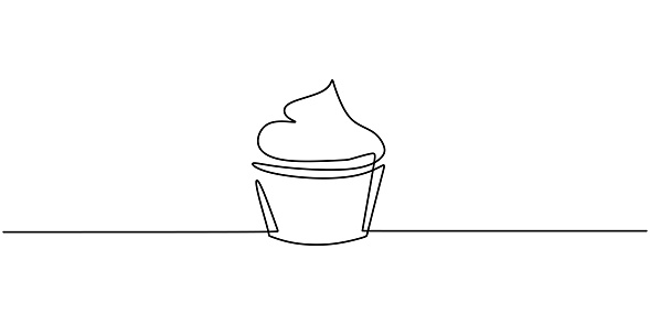 One single line drawing of sweet muffin cake. Delicious cupcake shop menu and restaurant badge concept. Sweet pastry online shop logo vector illustration. Modern hand draw design cookies