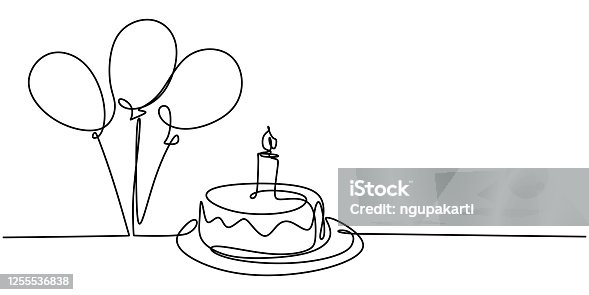 istock Continuous line drawing of birthday cake. A cake with sweet cream and candle. Celebration birthday party concept isolated on white background. Hand drawn vector design illustration 1255536838