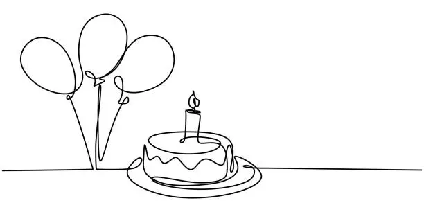 Vector illustration of Continuous line drawing of birthday cake. A cake with sweet cream and candle. Celebration birthday party concept isolated on white background. Hand drawn vector design illustration