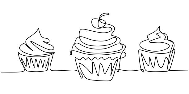 ilustraciones, imágenes clip art, dibujos animados e iconos de stock de cupcake con decoración y cerezo elemento de dibujo de línea continua aislado sobre fondo blanco. postre crema con tema de postre de dibujo a mano de cereza. ilustración vectorial de postre dulce - cupcake