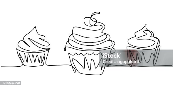 istock Cupcake with decoration and cherry continuous line drawing element isolated on white background. Cream dessert with cherry hand drawing art dessert theme. Vector illustration of sweet dessert 1255537498