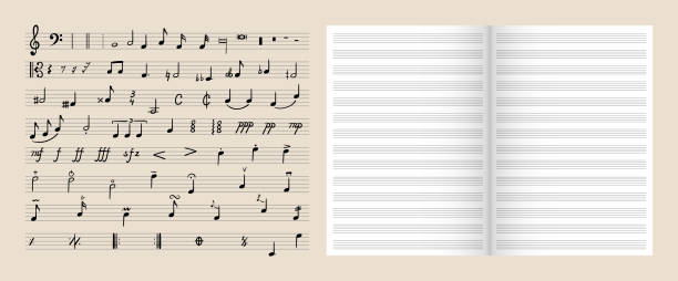音楽デザイン要素のベクトルセットは、線と手描きのノートのコレクションで孤立したオープンブック。 - sheet music music musical staff paper点のイラスト素材／クリップアート素材／マンガ素材／アイコン素材