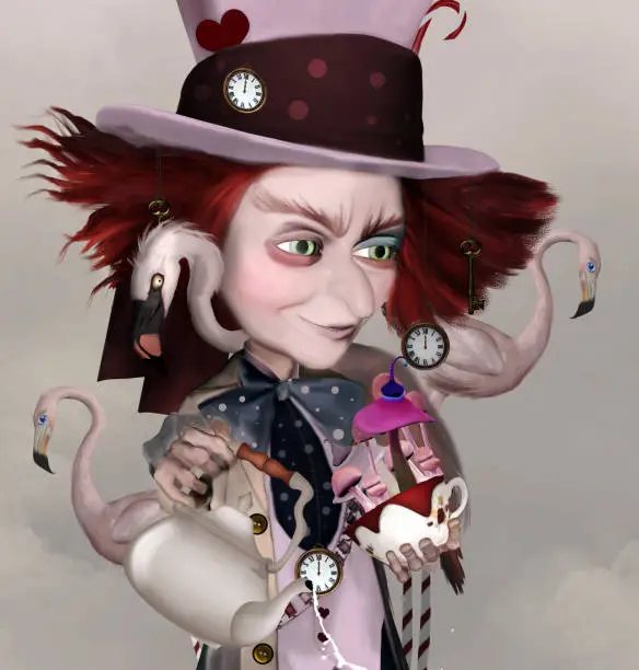 Wonderland series - Mad hatter with teapot, fantasy mushrooms and pink flamingos - 3D render