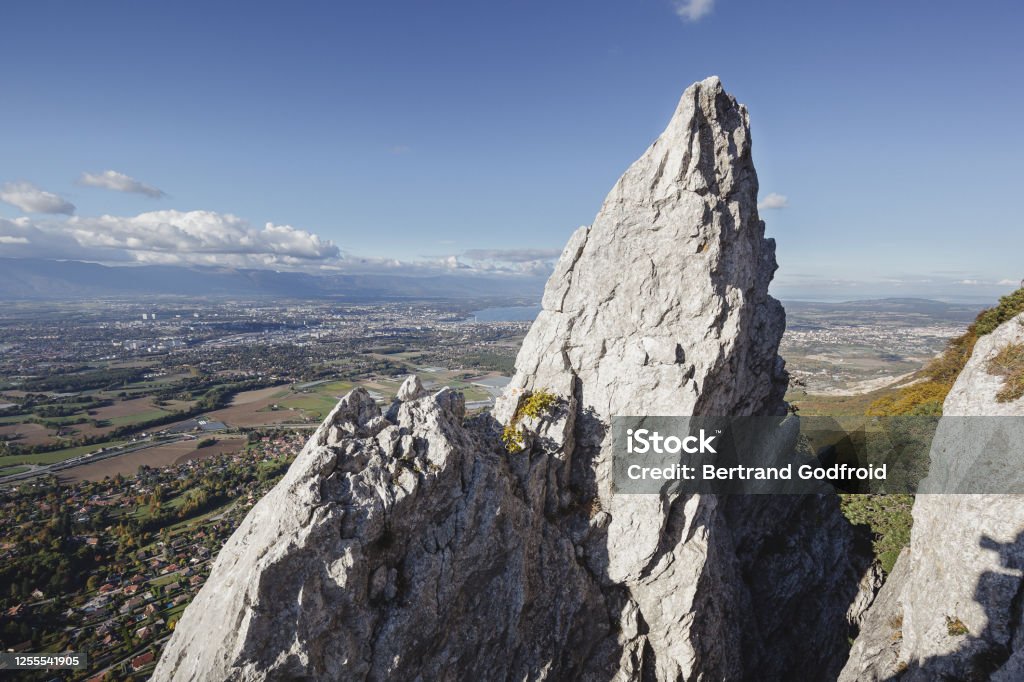 Jump of the Mule, Mount Salève Unusual view over Geneva from Mont Salève Climbing Stock Photo