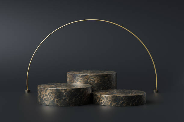 istock Black marble product display on luxury background with geometric backdrops studio. Empty pedestal or podium. 3D Rendering. 1255542332