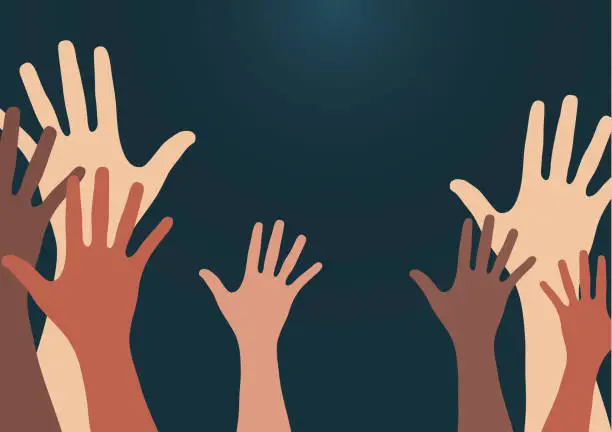 Vector illustration of People raise their hands, vote with their hands. The concept of multinationality, diversity, union and power. Volunteering, charity, donations and solidarity.
