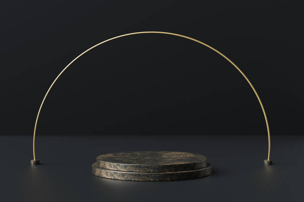 istock Black marble product display on luxury background with geometric backdrops studio. Empty pedestal or podium. 3D Rendering. 1255543043
