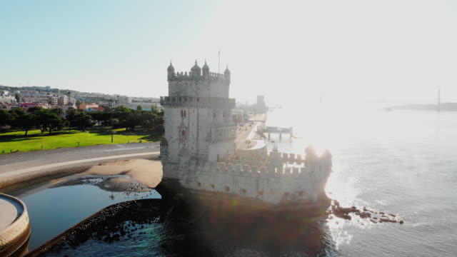 AERIAL WS The Tower of Belem in Portugal