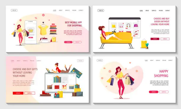 Vector illustration of Set of web pages with online female shopping. Clothing store, E-shop, Mobile marketing, E-commerce concept.