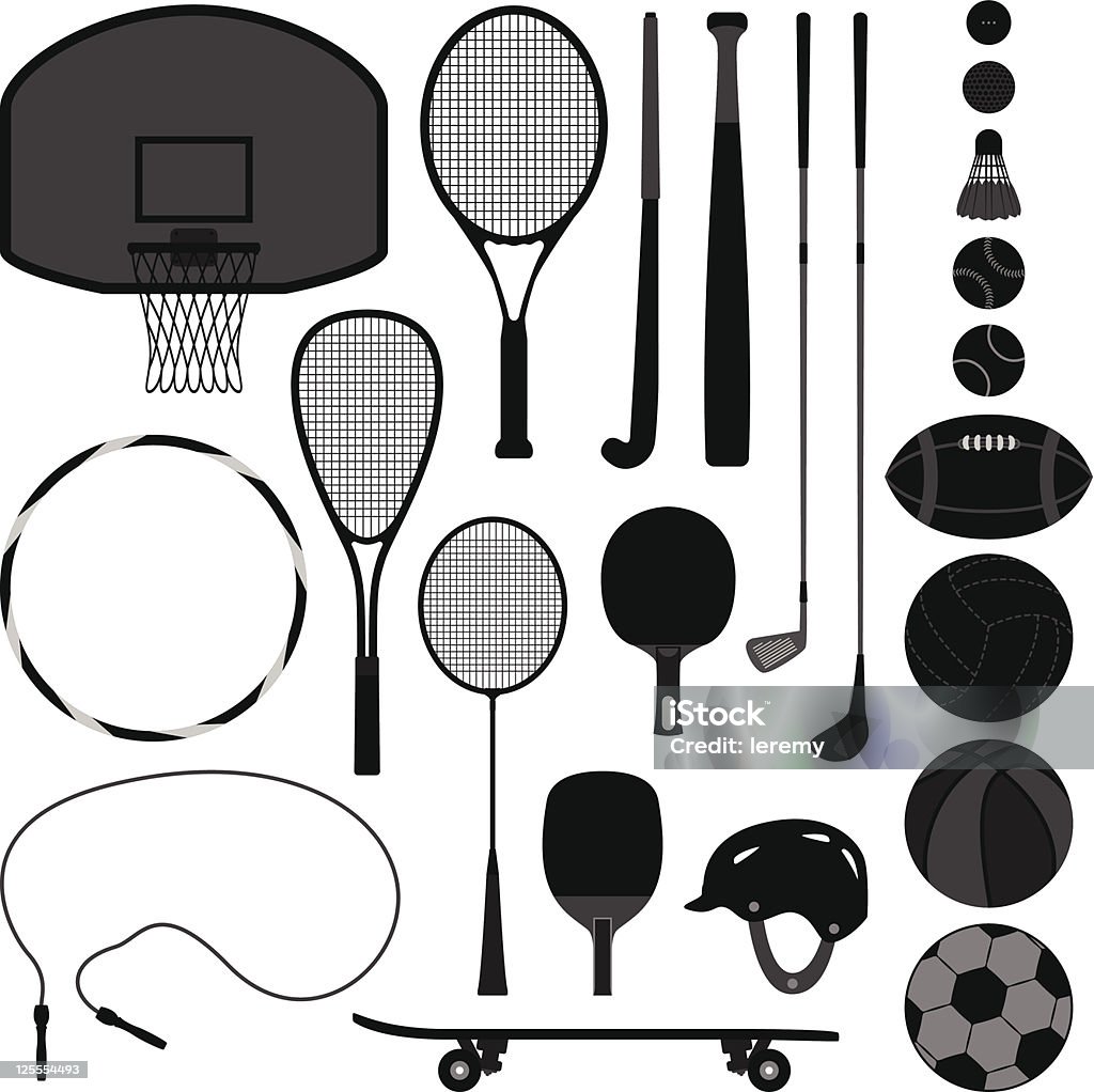 Sport Equipment Tool A set of sport equipment which include basketball, tennis, badminton, table tennis, baseball, volleyball, soccer, football, and golf. Racket stock vector