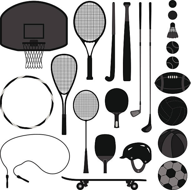 Sport Equipment Tool A set of sport equipment which include basketball, tennis, badminton, table tennis, baseball, volleyball, soccer, football, and golf. badminton racquet stock illustrations