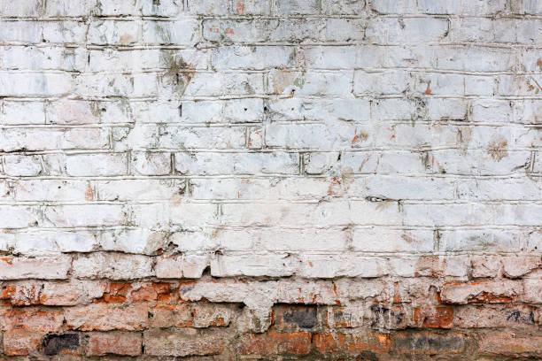 istock Abstract background old white brick wall with cracks and scratches. Landscape style. Great background or texture. 1255545323