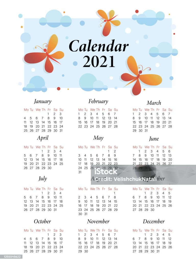 Colorfly Calendars Butterfly Calendar Template 2021 Vector Cartoon Character For Childrens ...