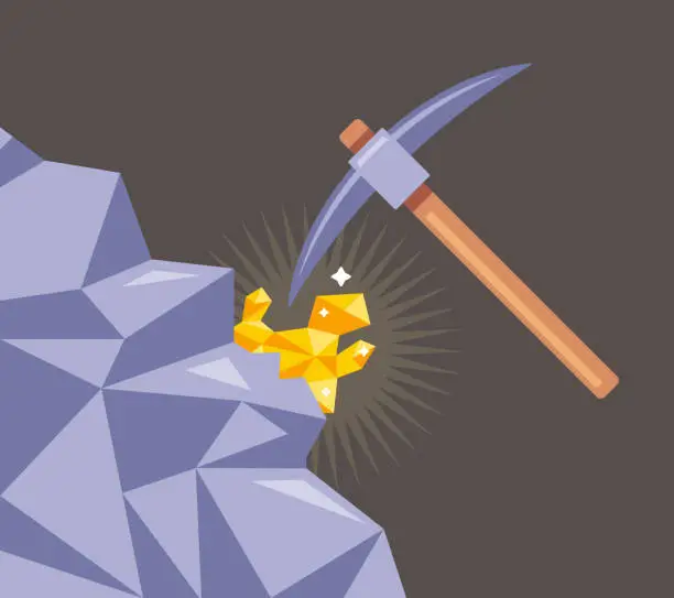 Vector illustration of mining of gold from rocks. cut the mineral with a pickaxe from the stone