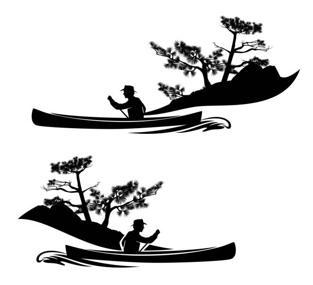 カヌーボートと松の木岸で漕ぐ男の黒いベクトルシルエット - silhouette kayaking kayak action点のイラスト素材／クリップアート素材／マンガ素材／アイコン素材