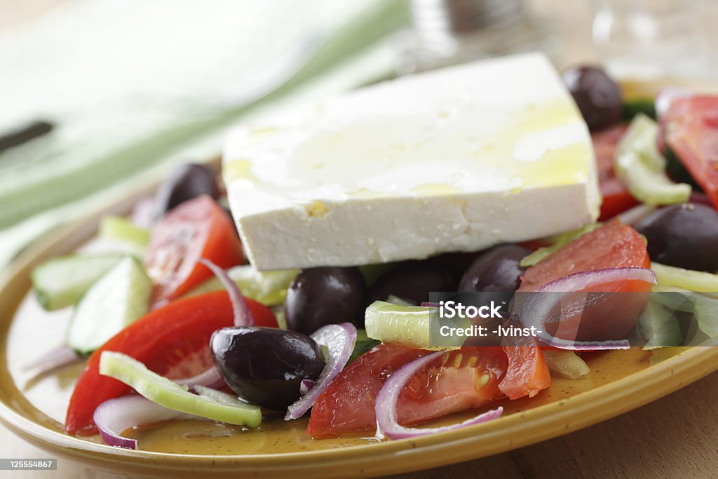 Greek salad closeup Greek salad with calamata olives on the plate closeup Appetizer Stock Photo