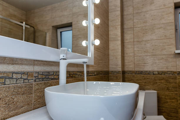 white sink in bathroom interior close up view