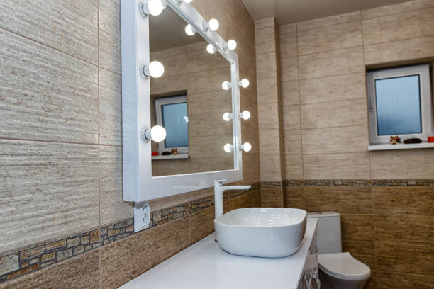 istock The interior of the bathroom with a big illuminated mirror 1255552870