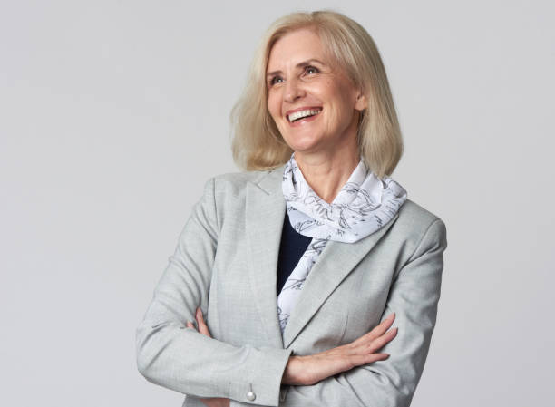 istock Female manager isolated on grey background 1255555959