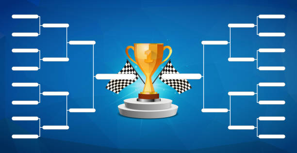 istock Tournament bracket template for 16 teams with golden cup winner award on blue background 1255556018