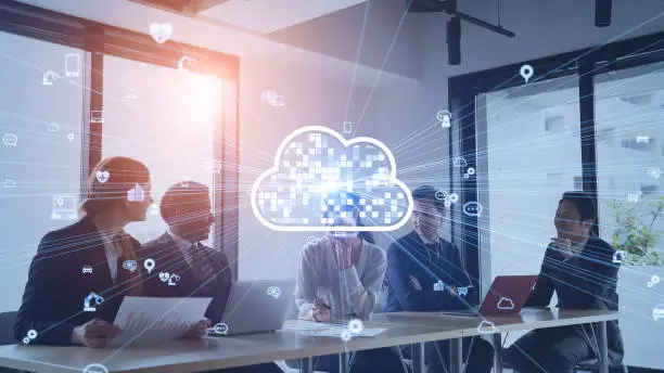 Photo of Cloud computing concept. Software as a Service. SaaS. Communication network.