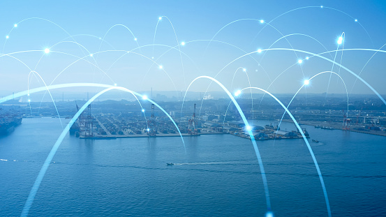 Modern port and ships aerial view and communication network concept. Ship radio. 5G. IoT.