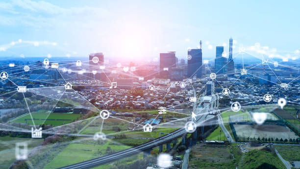 concetto di smart city e rete di comunicazione. iot (internet of things) del 5g. telecomunicazione. - social history immagine foto e immagini stock