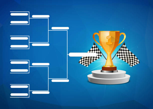 istock Tournament bracket template for eight teams with golden cup winner award on bright blue background 1255558312