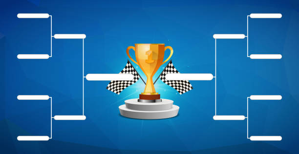 istock Tournament bracket template for 8 teams with golden cup winner award on blue background 1255558451