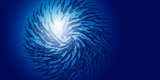 istock Abstract jamb fishes underwater sea ecosystem. Large group of fish on blue background and sun. Banner alive fish in freedom . Vector illustration. 1255560128