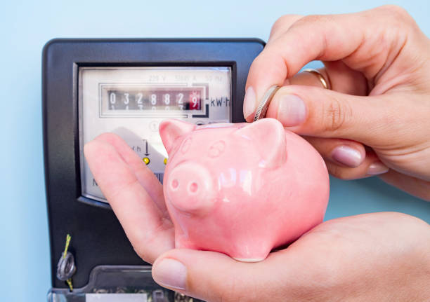 female hands hold coin and pig piggy bank on a background of an electricity meter. symbolic depiction of energy savings at home, utility bills, smart energy consumption - meter electric meter electricity fuel and power generation imagens e fotografias de stock