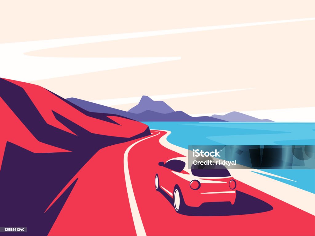 Vektor illustration av en röd bil som rör sig längs oceanen bergsvägen - Royaltyfri Bil vektorgrafik