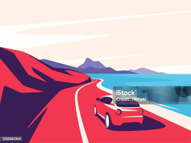 Vektor Illustration Av En Röd Bil Som Rör Sig Längs Oceanen Bergsvägen-vektorgrafik och fler bilder på Bil