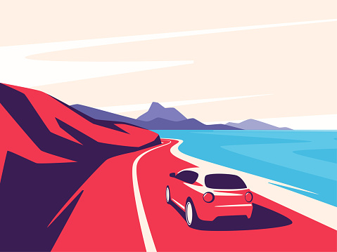 Vector illustration of a red car moving along the ocean mountain road.