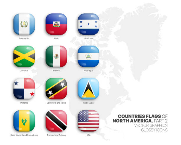 North America Countries Flags Vector 3D Glossy Icons Set Isolated On White Background Part 2 North America Countries Flags Vector 3D Glossy Icons Set Isolated On White Background Part 2. American Official National Flags Square Bright Color Bulging Convex Buttons Collection On Light Backdrop hondurian flag stock illustrations