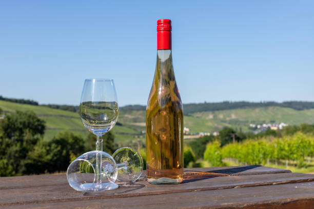 istock Wine bottle with glasses on wooden table 1255561675