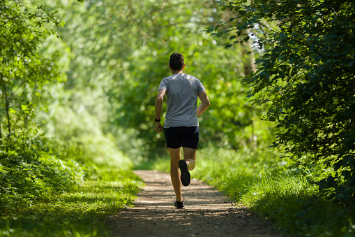 One young, adult man running in forest on natural trail in sunny summer day. Daily active lifestyle. Back view.