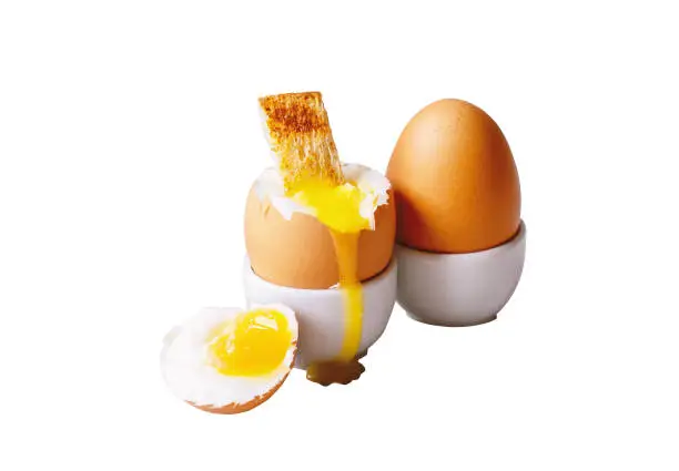 Soft-boiled eggs in white eggcups with rye crouton isolated on white background. Egg with crumbs for breakfast.