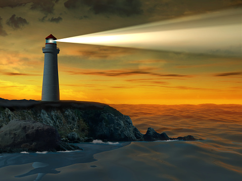 Lighthouse of cape of Tourinan in Muxia, Costa da Morte, Death Coast, Galicia, Spain. These cliffs are the westernmost coast of the Spanish peninsular territory.