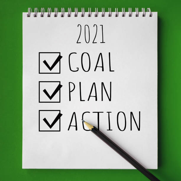 istock School notebook with text Goal, plan and action for 2021 and pencil on green background, back to school concept, modern elementary education. flat lay. 1255571181