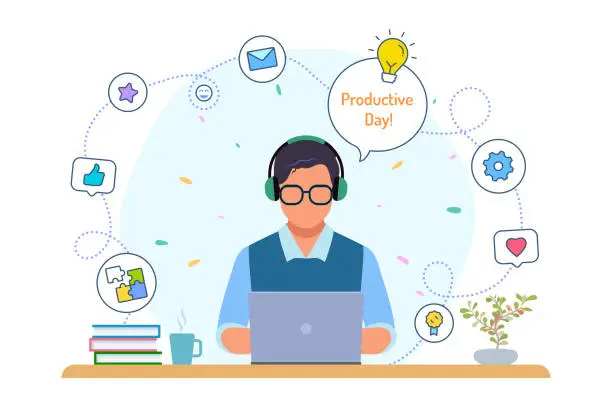 Vector illustration of Boy with laptop, happy man, well being, businessman, creative people, working at home, office workplace, study, social network, lifestyle, background