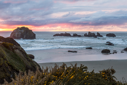 end of the day at the beach a bit of color in the dark clouds and the prominent rock features characteristic Face Rock State Park, Bandon Oregon