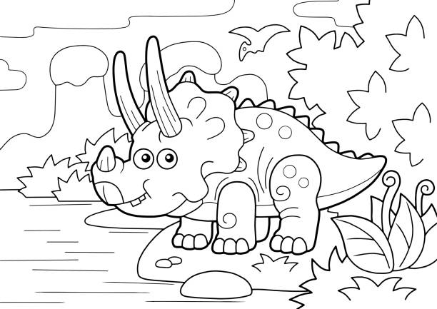 prehistoric dinosaur triceratops, coloring book, funny illustration cartoon prehistoric dinosaur triceratops, coloring book, funny illustration dinosaur drawing stock illustrations
